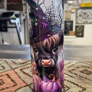 Halloween Highland Cow Tumbler with Witch Hat - Purple and Black
